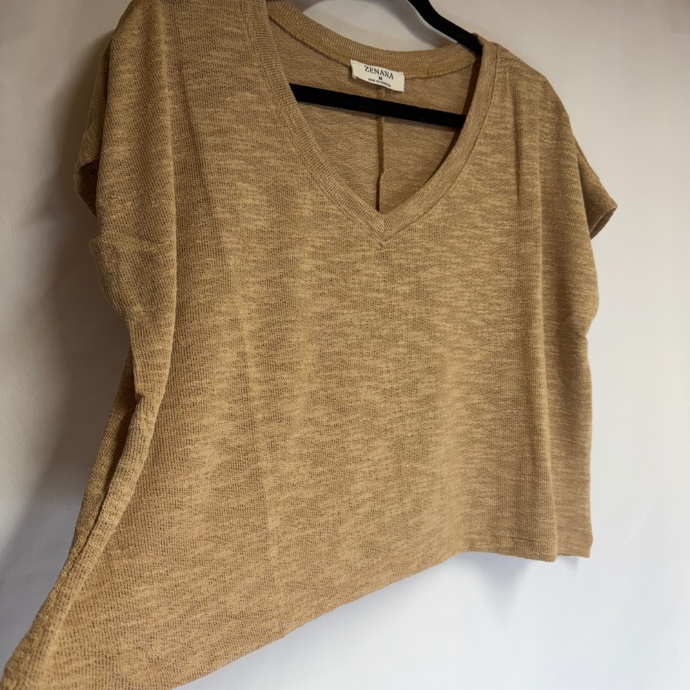 Zenana Tan Marl V-Neck Lightweight Knit Boxy Short Sleeve Top Crop Medium NWOT - Picture 3 of 7